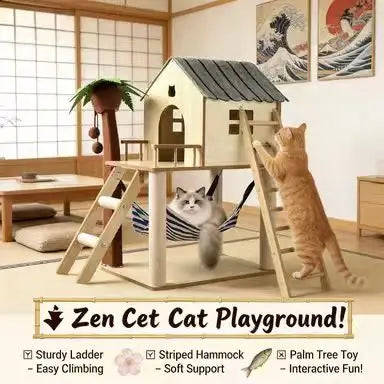 House-Style Cat Scratcher Tree: Rest & Scratch, Hammock, Wooden Frame (Beige-Blue)