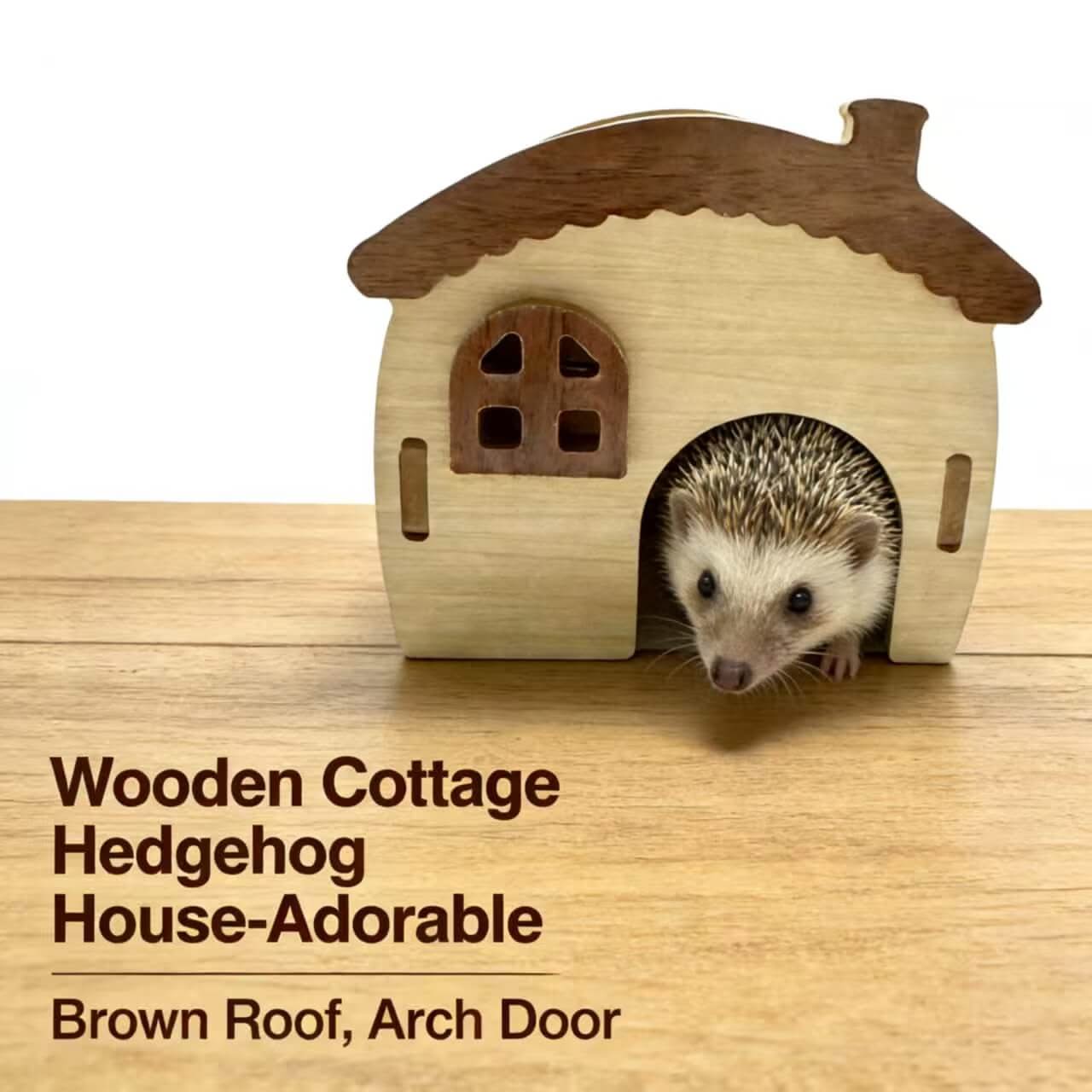Adorable Wooden Cottage Hedgehog House: Brown Roof, Arch Door for Hedgehogs