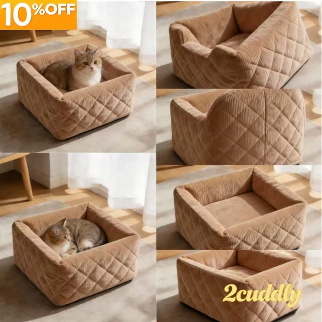 Cozy Pet Bed for Cats - Beige, Square, Corduroy Fabric, Quilted Design