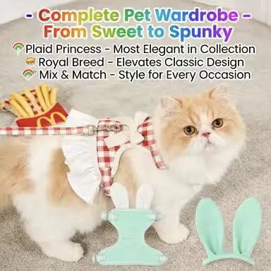 Escape-Proof Cat Harness & Leash: Ruffled Skirt & Bow, Plaid Design