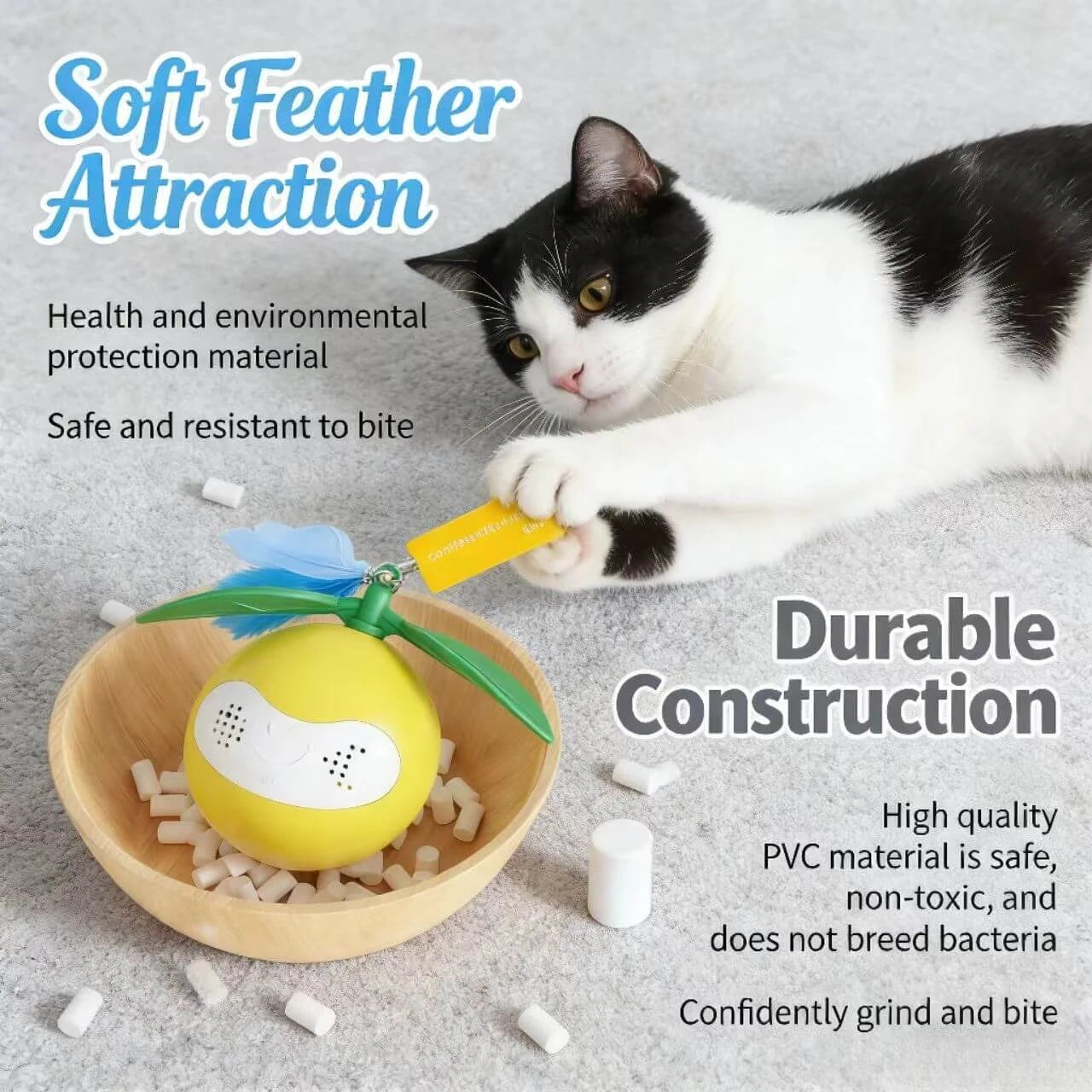 Durable Cat Chew Toy - Lemon Design, Feather Teaser, Non-Toxic PVC, Yellow