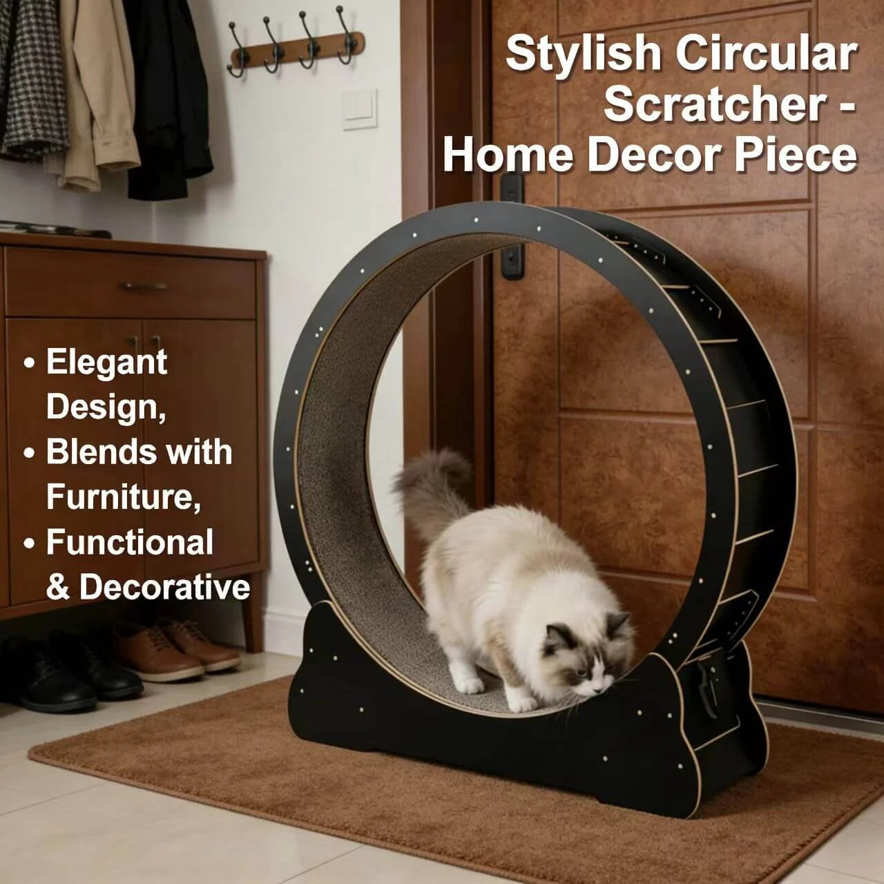 Indoor Cat Exercise Wheel - Carpeted Scratching Surface, Sturdy Wood Frame, Black