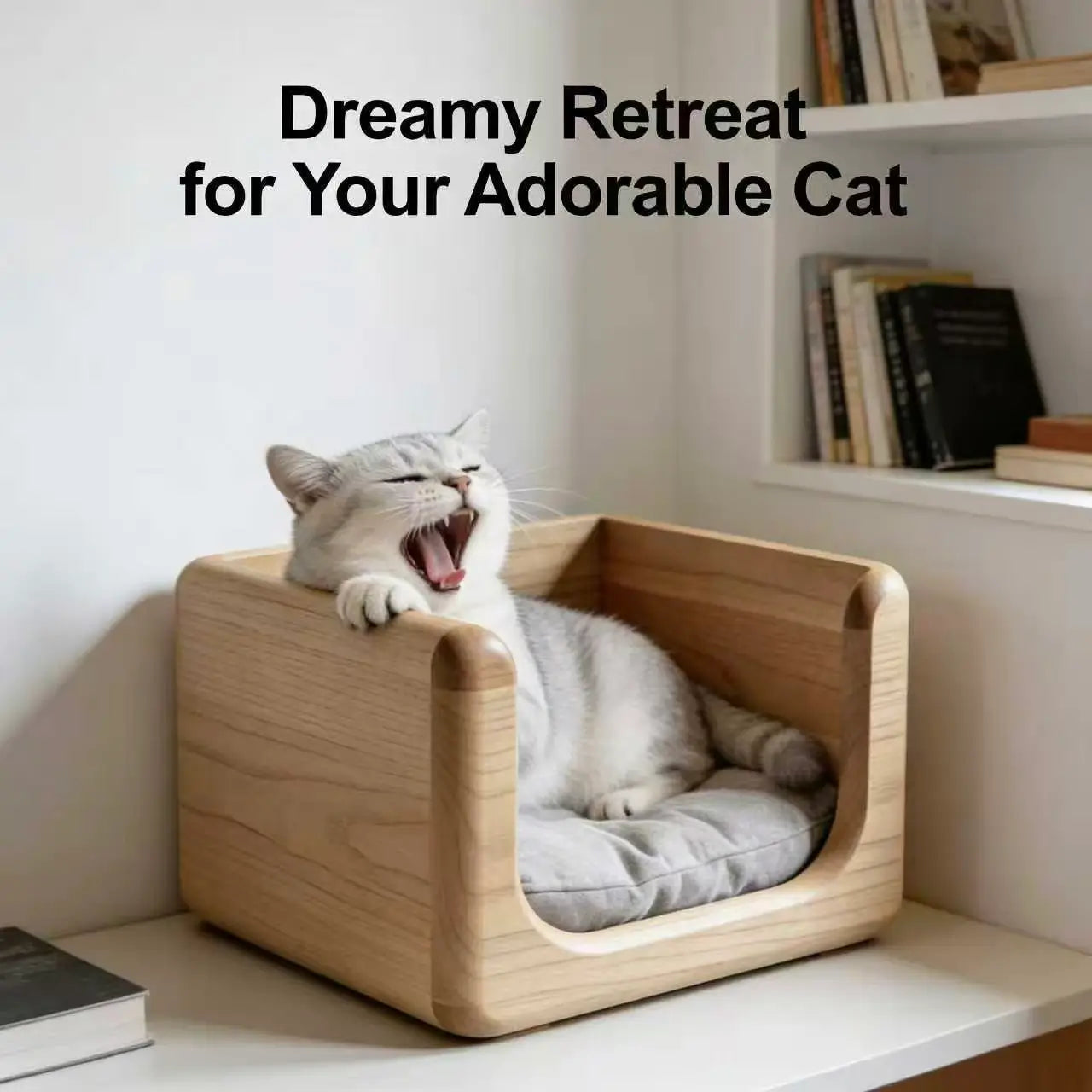 Modern Rounded Wooden Cat Bed: Minimalist Furniture with Cushion, for Cozy Cat Napping