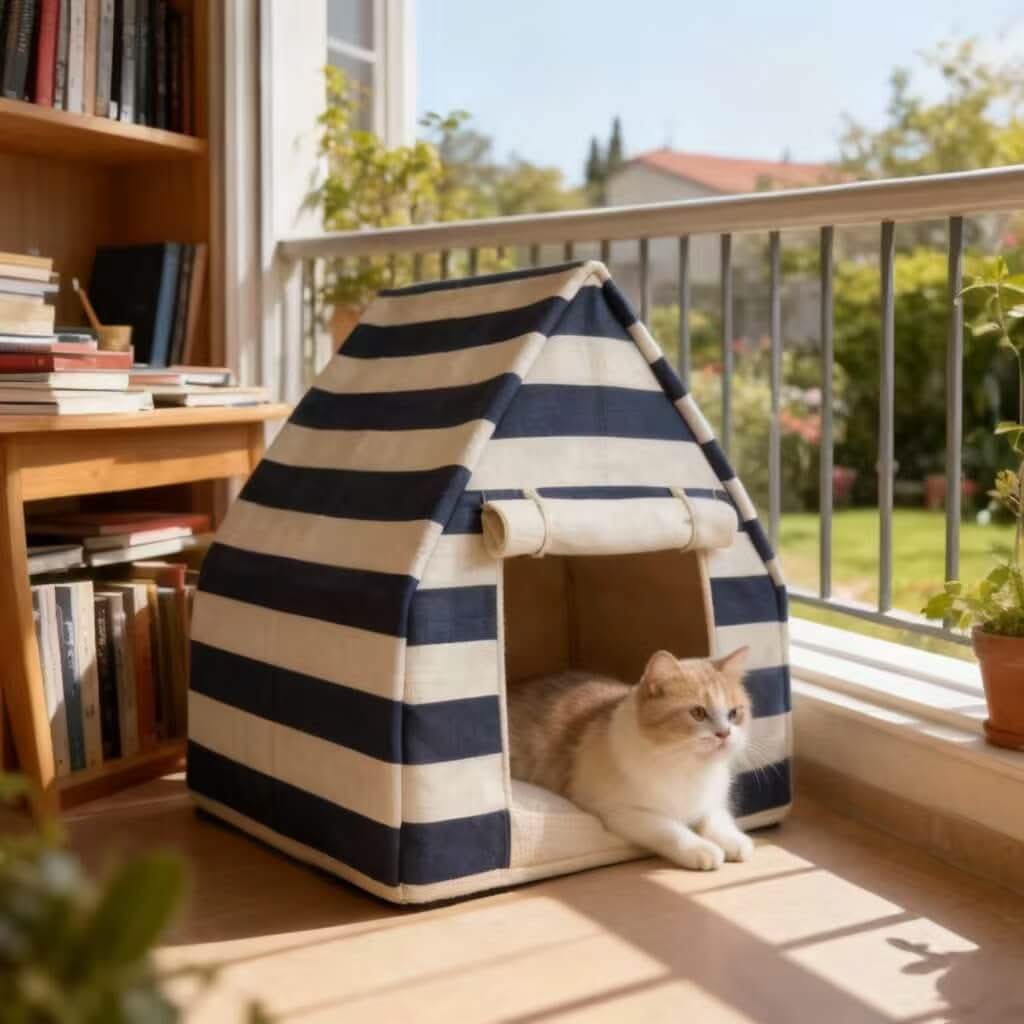 Striped Pet House Bed for Cats - Navy-White, Tent Design, Cozy Hiding Spot, Soft Cushion