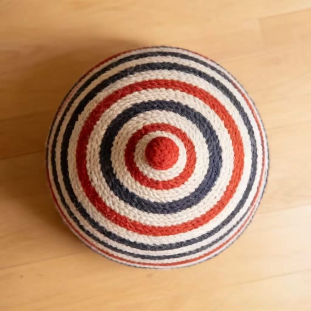 Striped Crochet Pet Cave Bed for Cats - Red-Navy-Cream, Pom-Pom Top, Cozy Hiding Spot