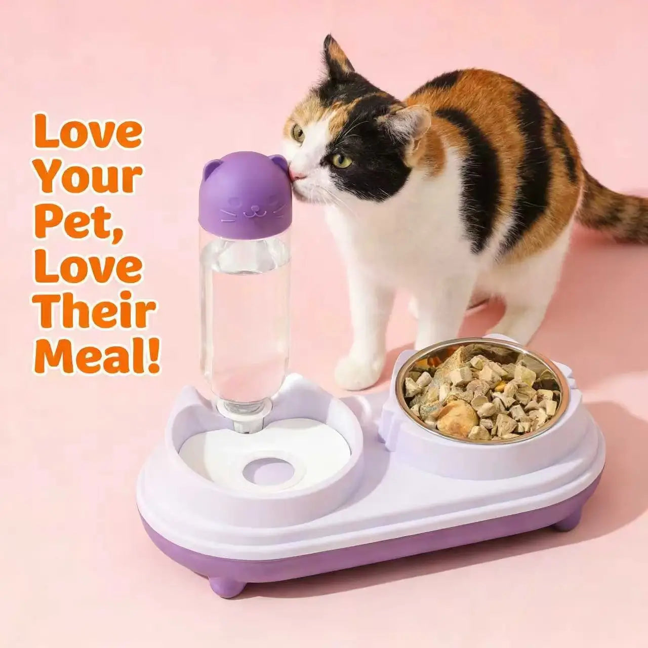 2-in-1 Cat Feeder & Waterer: Auto-Refill, Stainless Steel Bowl (Purple-White)