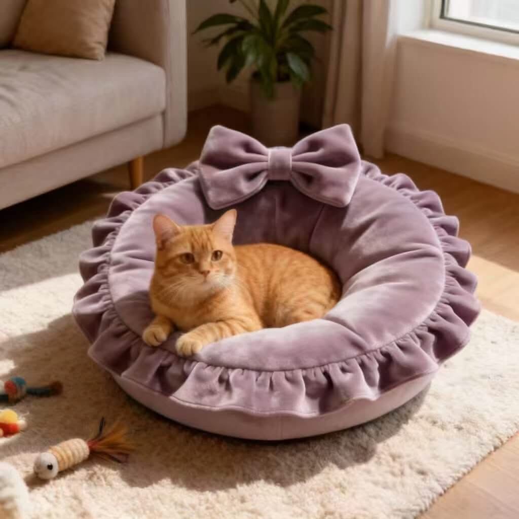 Soft Velvet Pet Bed for Cats - Lavender, Round, Bow Decor, Ruffled Trim