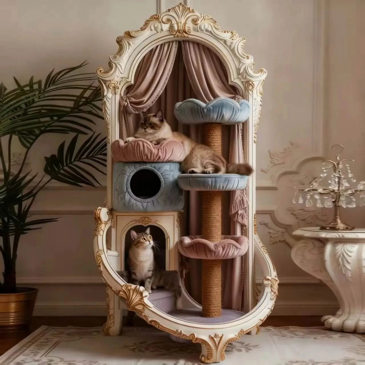 Opulent Cat Bed, Royal Mirror Design,  Beige, Multi-Functional Nest, Decorative Pet Gear