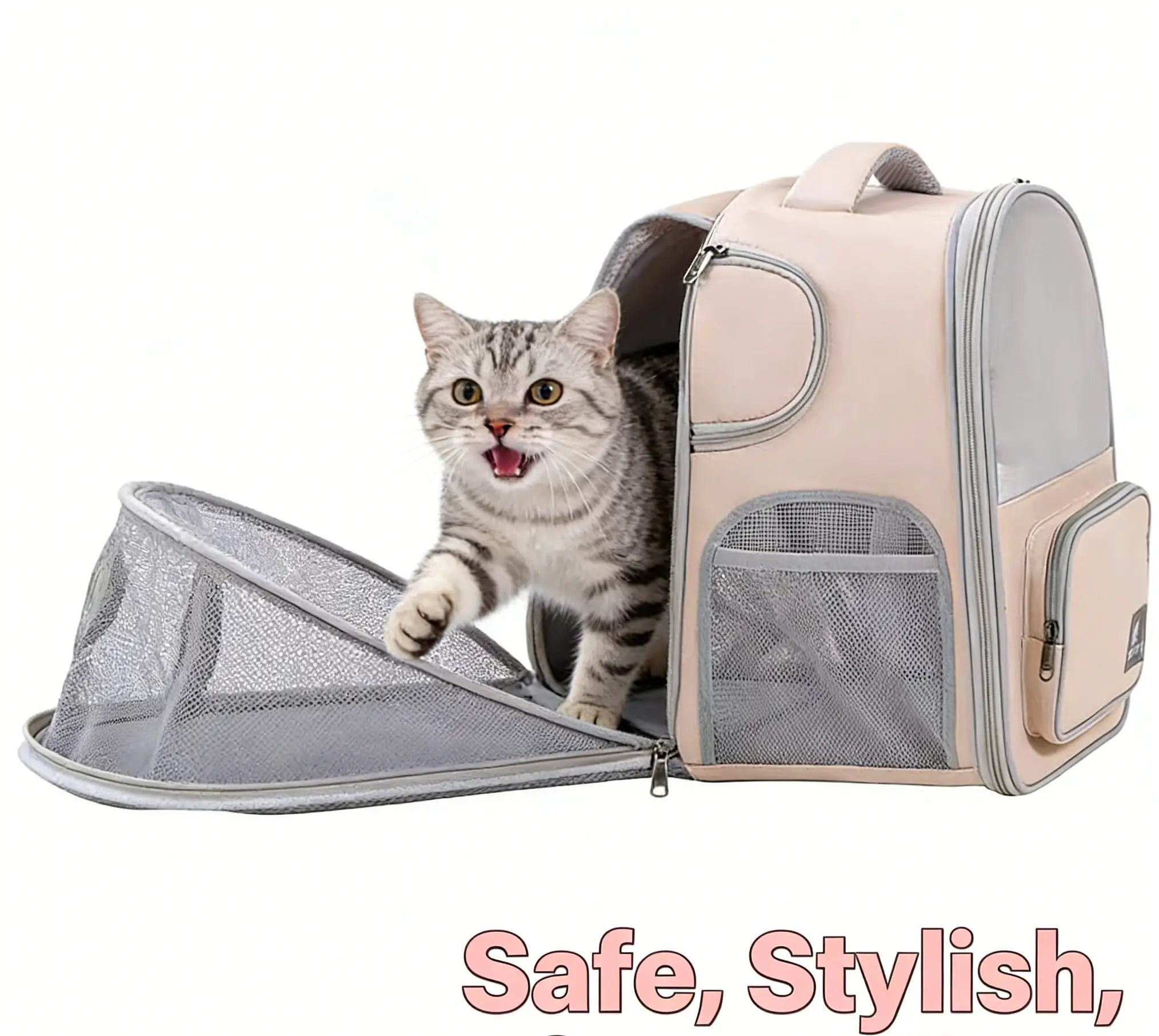 Expandable Breathable Pet Backpack Carrier for Cats, Beige Mesh Extension
