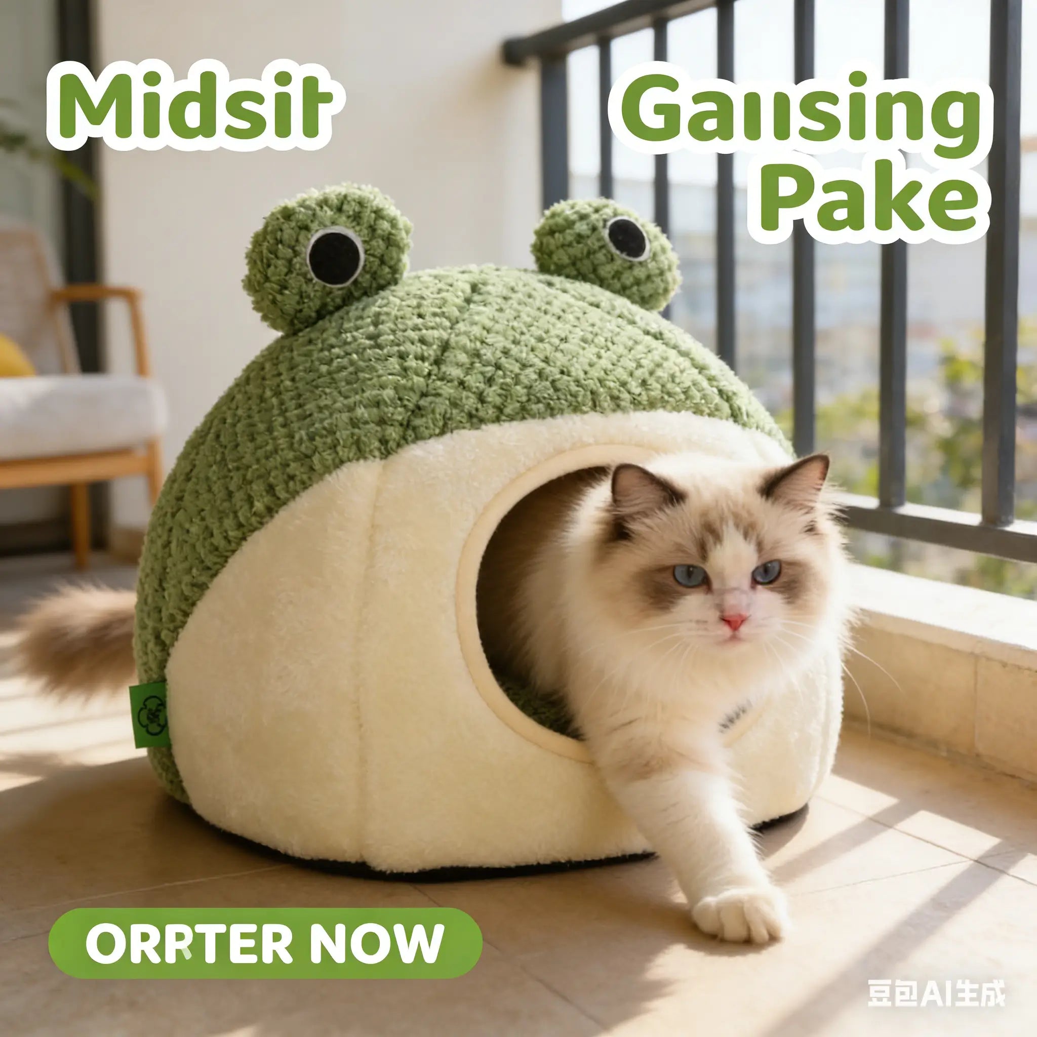 Warm Enclosed Pet Bed: Frog Design, Plush Lined (Green-White, Winter)