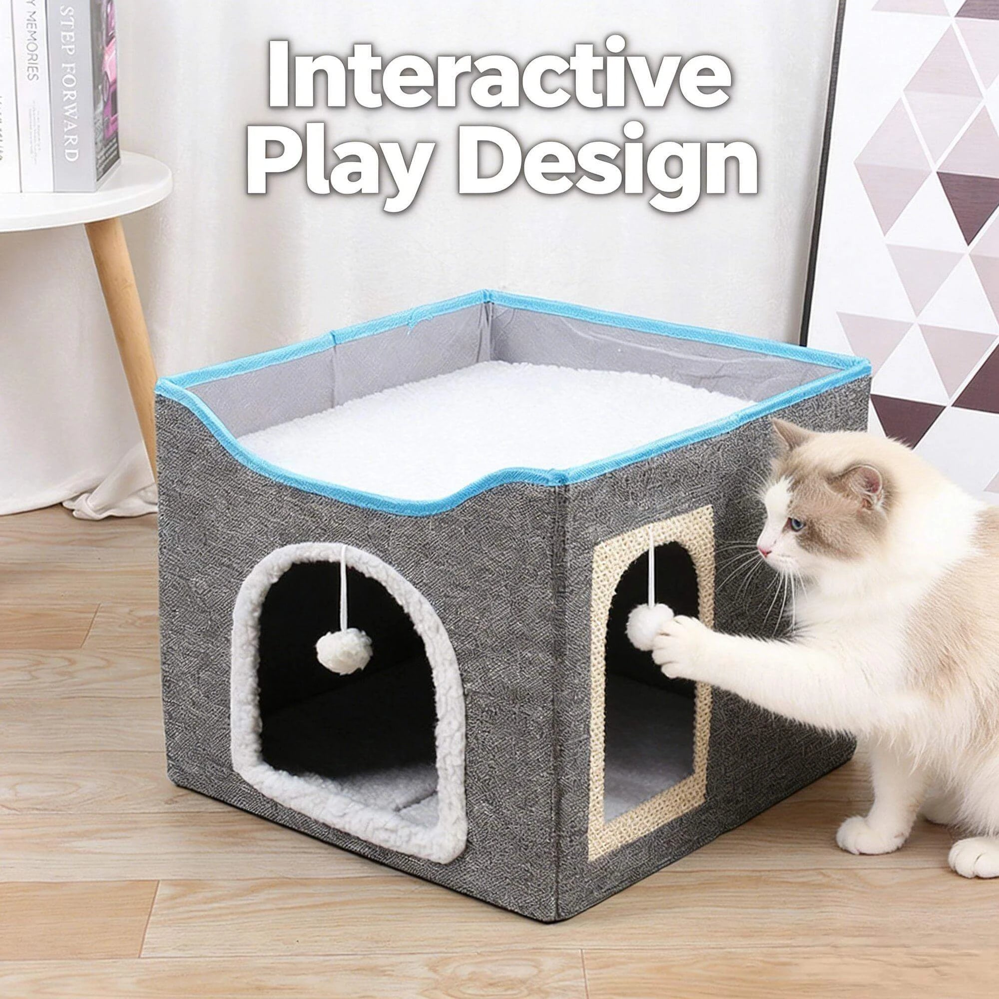 "Foldable Multi-Functional Cat Bed for Cats – Sturdy, Interactive Toy, Scratching Pad, Cozy Hideaway (Gray)"