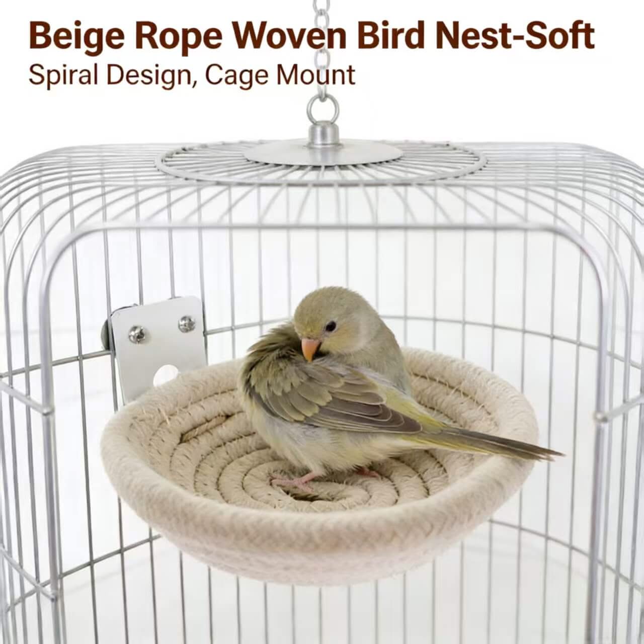 Soft Beige Rope Woven Bird Nest: Spiral Design, Cage Mount for Small Birds
