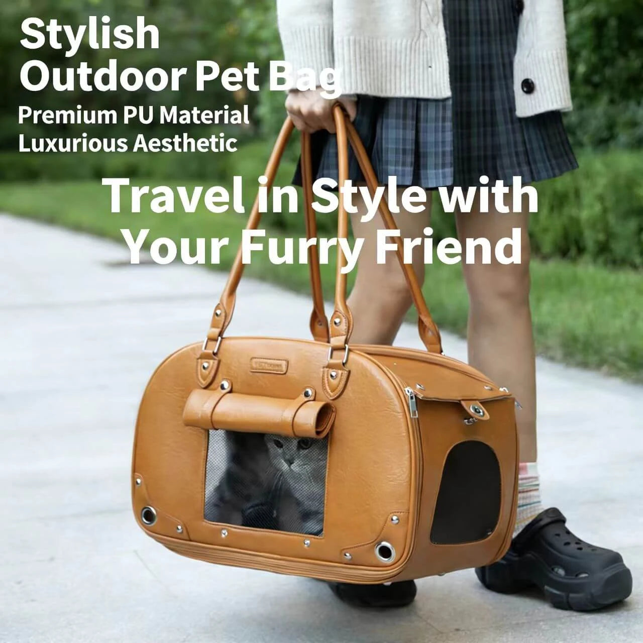 Stylish Cat & Dog Carrier Bag - Portable, Breathable, Tan Leather