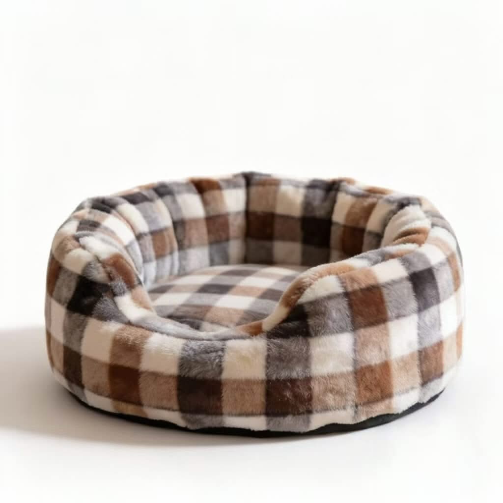 Plaid Faux Fur Pet Bed for Cats - Brown-White-Gray, Round, Soft Cushion, Cozy All-Season