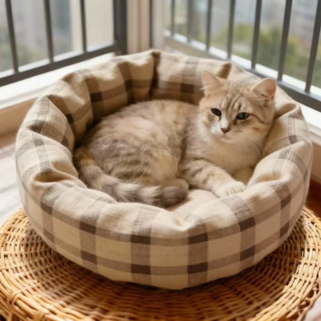 Plaid Pet Bed for Cats - Beige-Gray, Round, Soft Fabric, Cozy Cushion, All-Season
