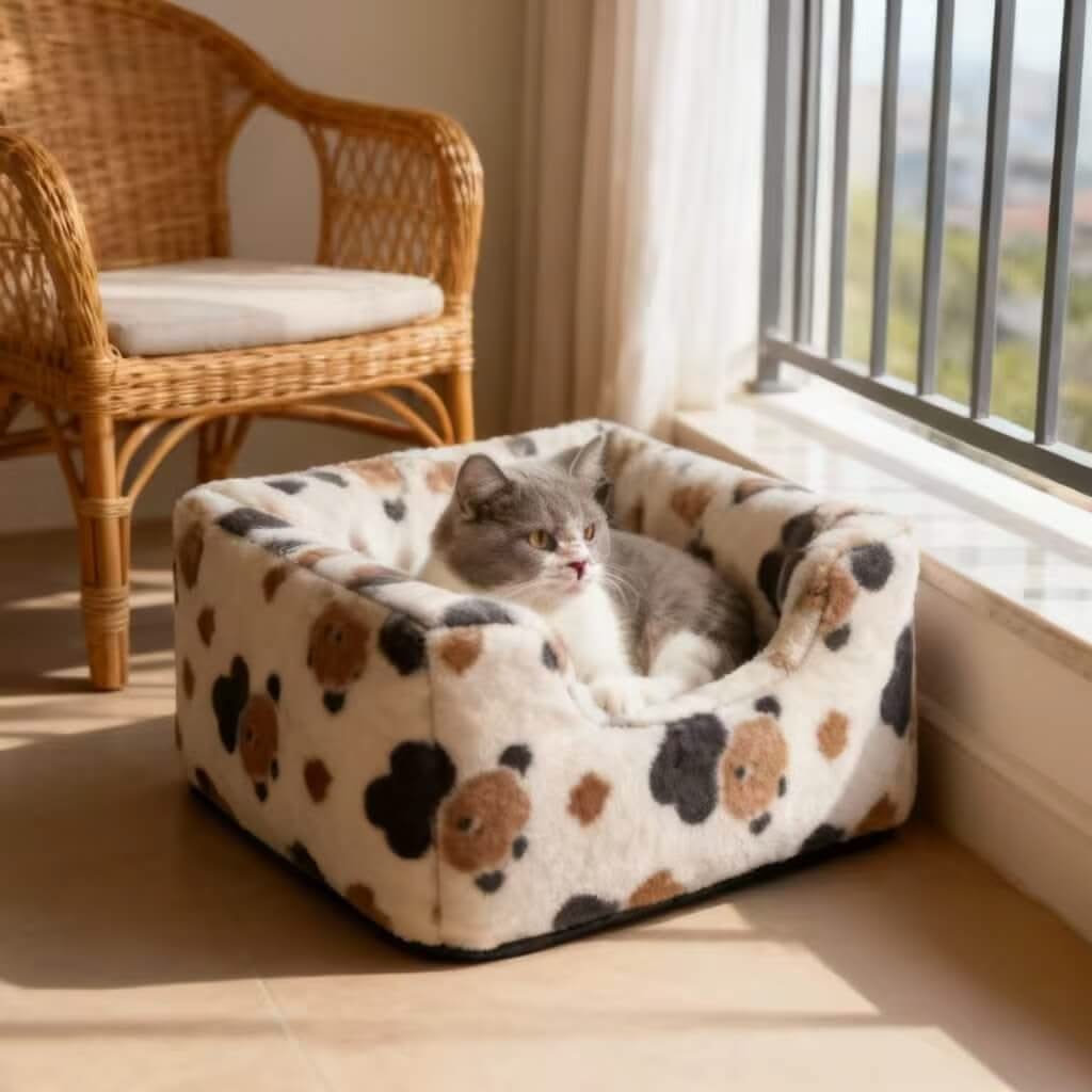 Paw-Print Pet Bed for Cats - White-Brown-Black, Plush, Square, Cozy Cushion, All-Season