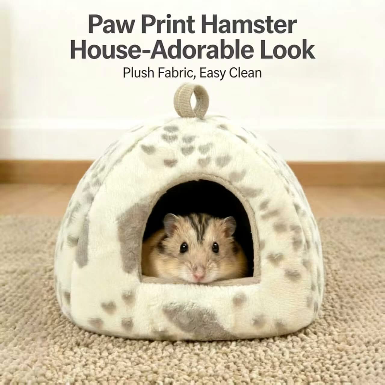 Adorable & Easy-Clean Hamster House for Hamsters - Paw Print, Beige-Gray, Plush Fabric