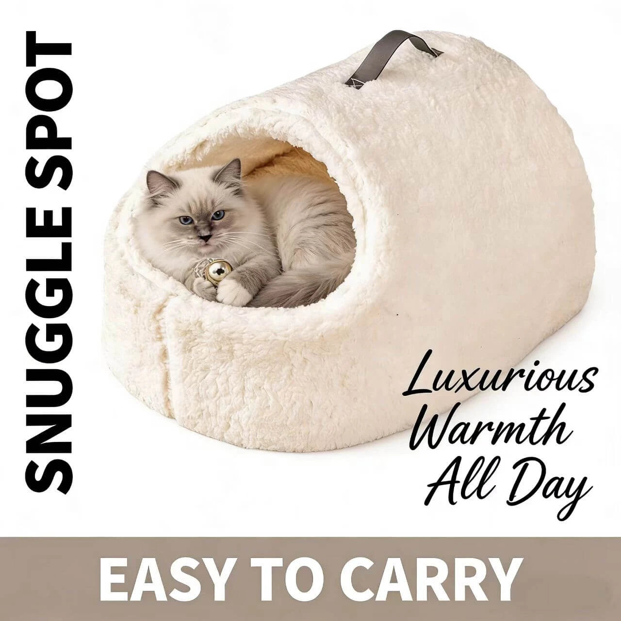 Warm Enclosed Cat Bed - Sherpa Fabric, Beige Cave-Style, Portable Handle Rest Nest