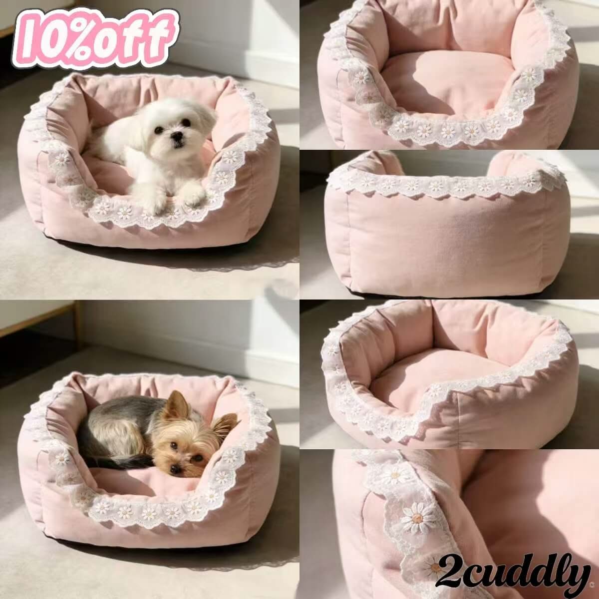 Feminine Kids-Room Pet Bed for Dogs - Round, Pink, Lace Trim, Cotton Fabric