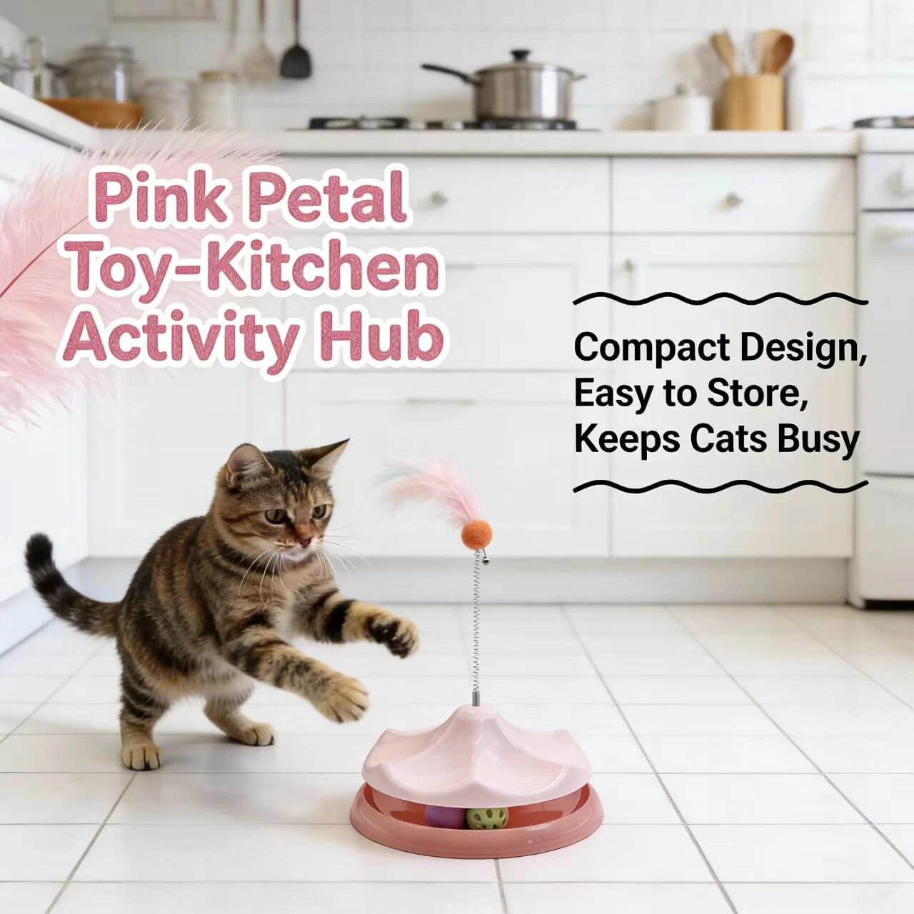 2-in-1 Cat Teaser Toy - Spring Wand with Feather, Rolling Ball Track, Green Base