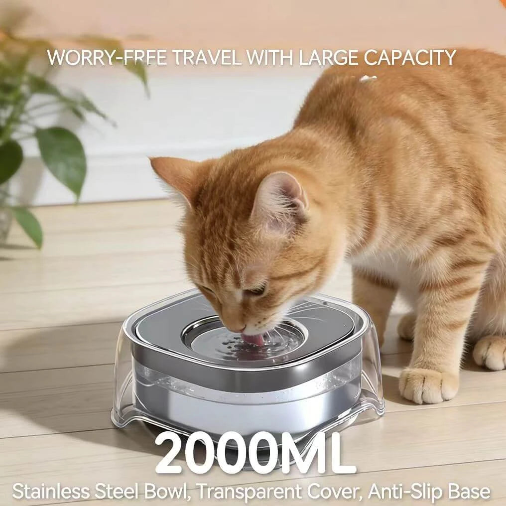 Anti-Spill Pet Water Dispenser - 2000ML, Stainless Steel Bowl, Clear Cover