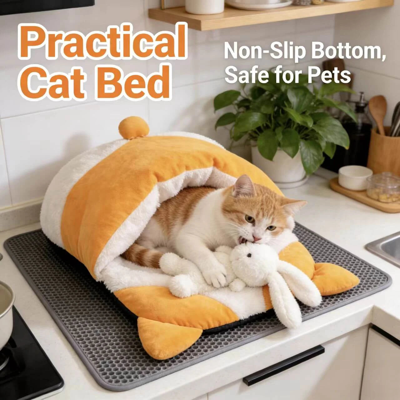 Warm Pet Cave for Cats - Corgi Butt Design, Plush, Orange/White Rest Cushion