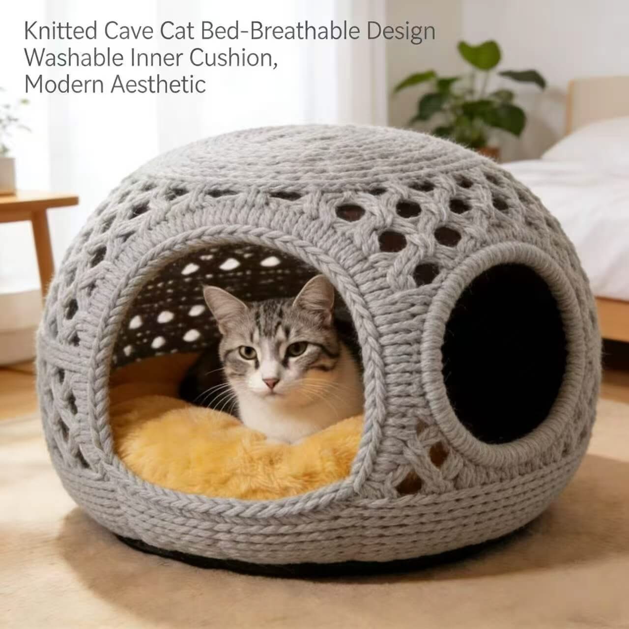 Crochet Pet Cave Bed for Cats - Gray, Breathable, Yellow Cushion, Cozy Hiding Spot