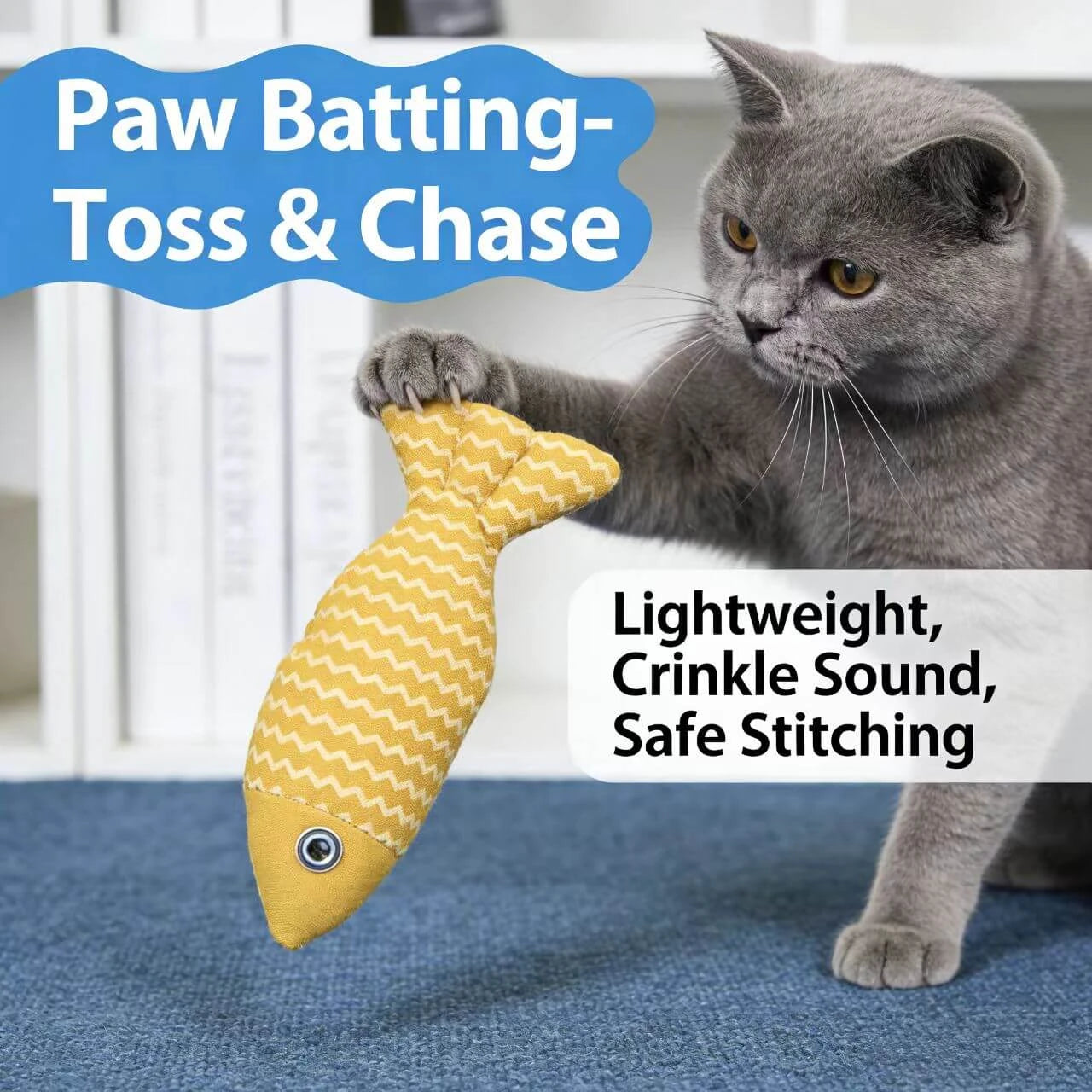 Soft Plush Fish Cat Toy - Wavy Pattern, Catnip Filled, Yellow Indoor Play Pillow