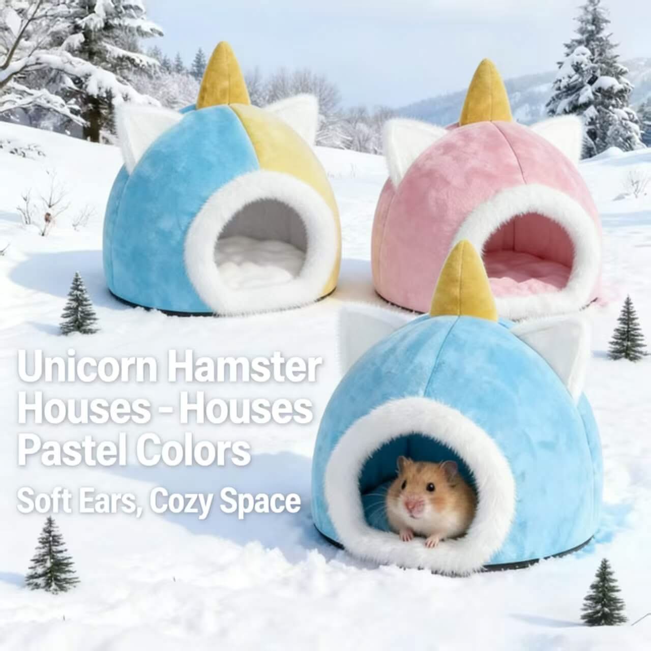 Cozy-Space Hamster House for Hamsters - Unicorn Shape, Pastel Colors, Soft Ears