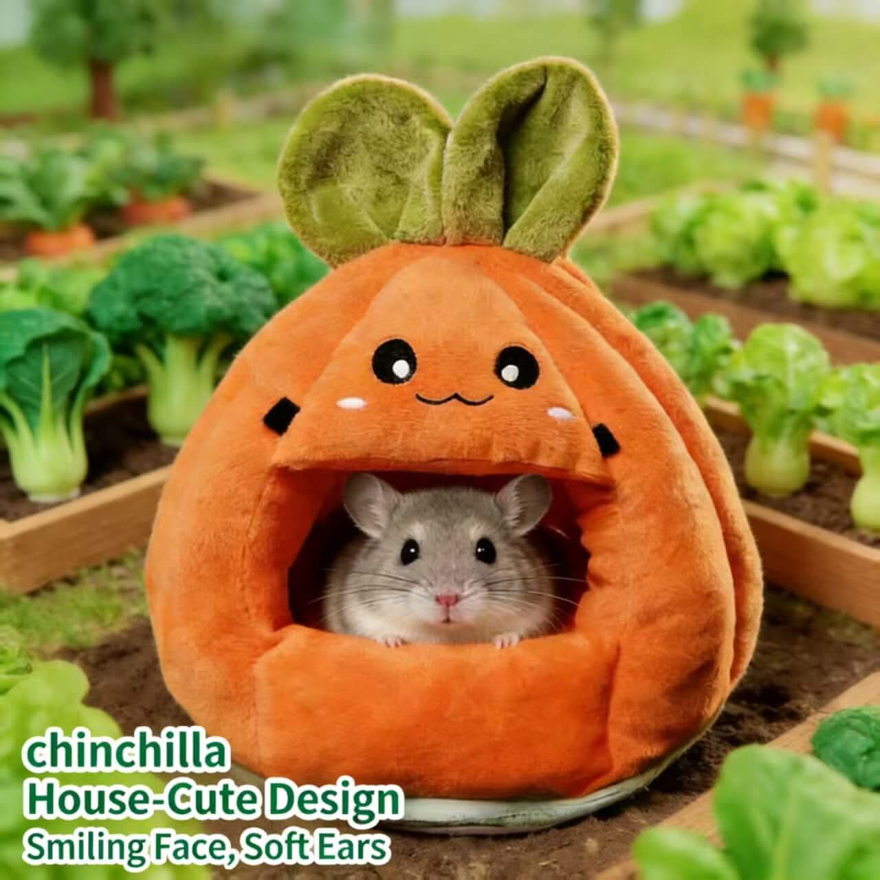 Cute-Design Chinchilla House for Chinchillas - Carrot Shape, Orange, Smiling Face, Soft Ears