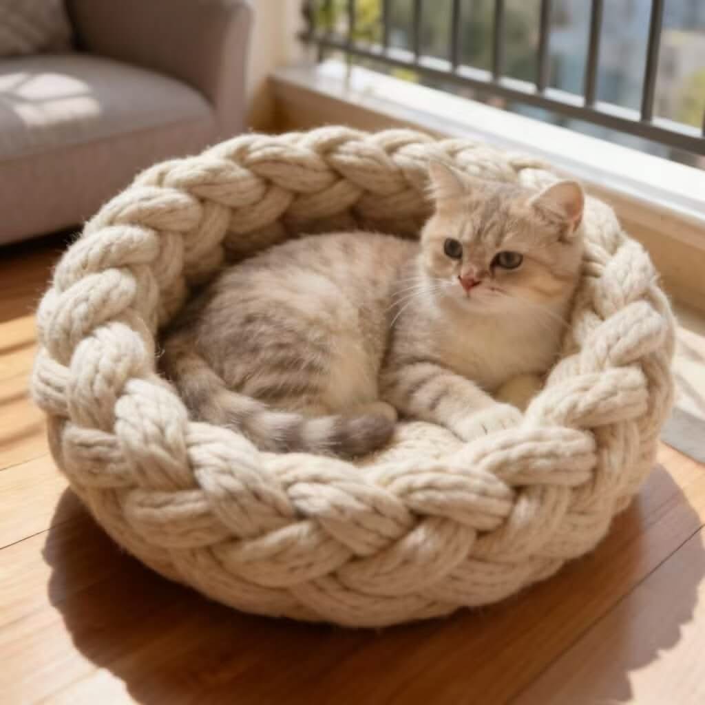 Chunky Knit Pet Bed for Cats - Cream, Braided Design, Soft Cushion, Cozy All-Season