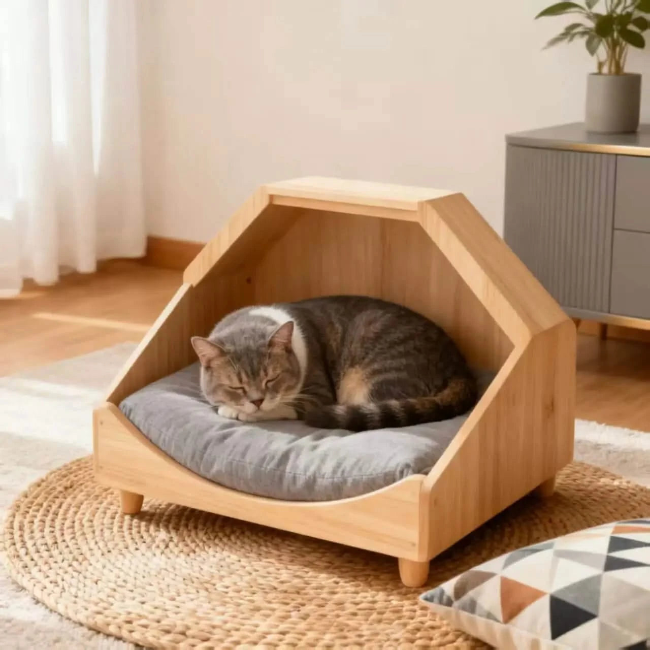 Cat Bed, Hexagon Wood Frame, Soft Gray Cushion,  Minimalist Style, All-Season