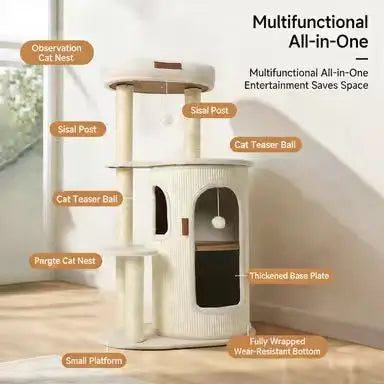 Minimalist Cat Scratcher Tree: Sisal Posts, Hideaway, Multi-Level Rest (Beige)