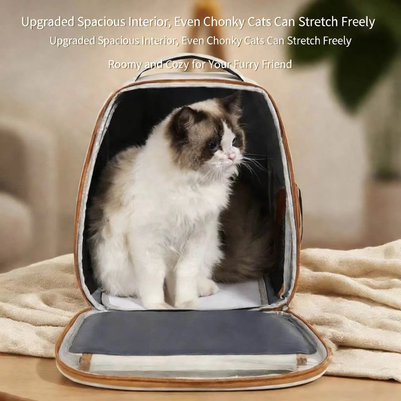 Roomy Cat Backpack Carrier - Stretch-Fit, Lightweight, Brown Trim