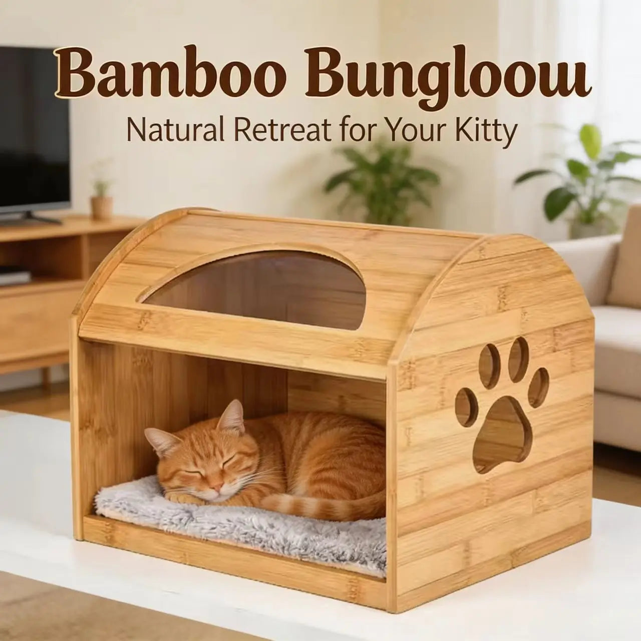 Bamboo Cat House - Paw Print Cutout, Plush Cushion, Natural Bamboo