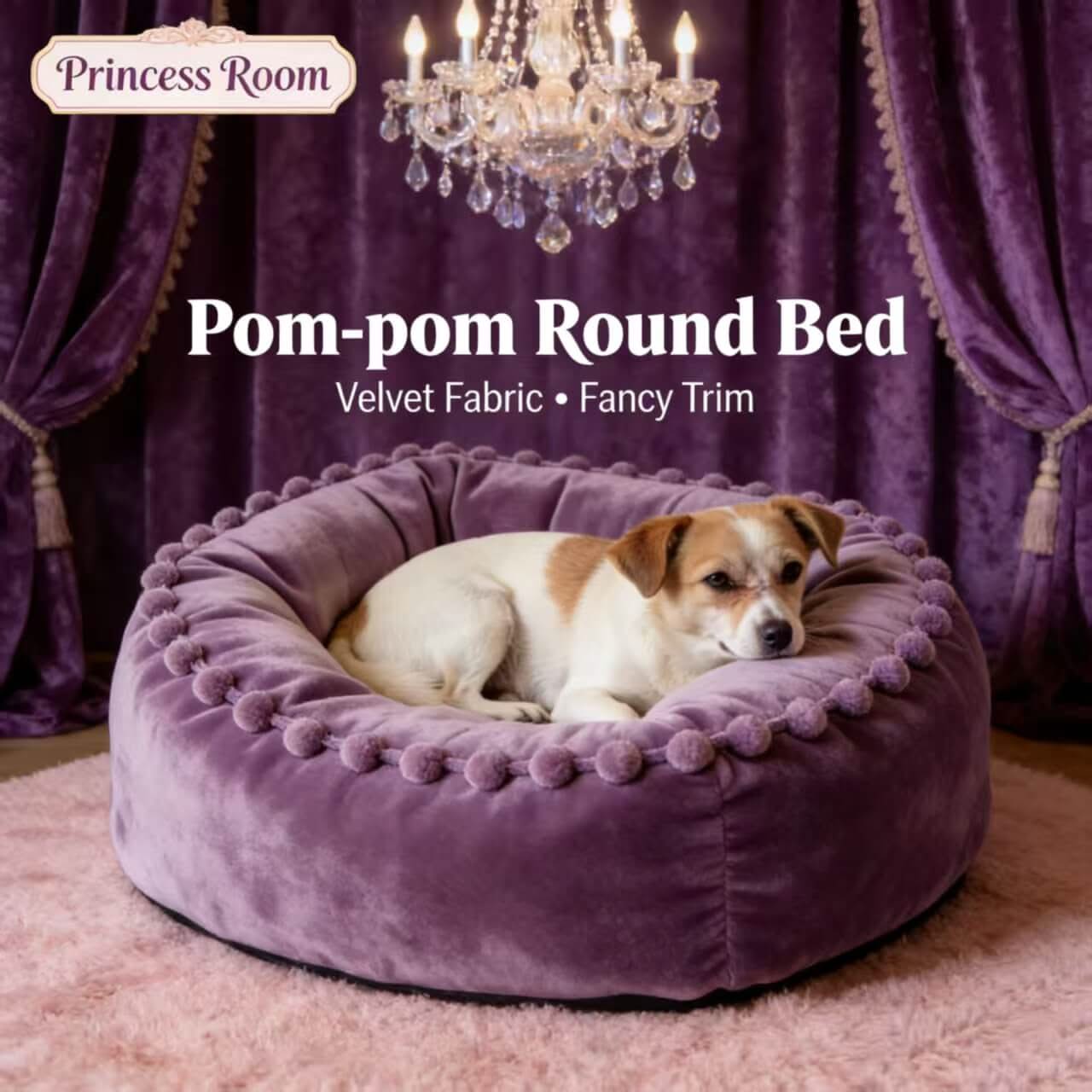 Fancy Princess-Room Pet Bed for Dogs - Purple, Round, Velvet Fabric, Pom-pom Trim