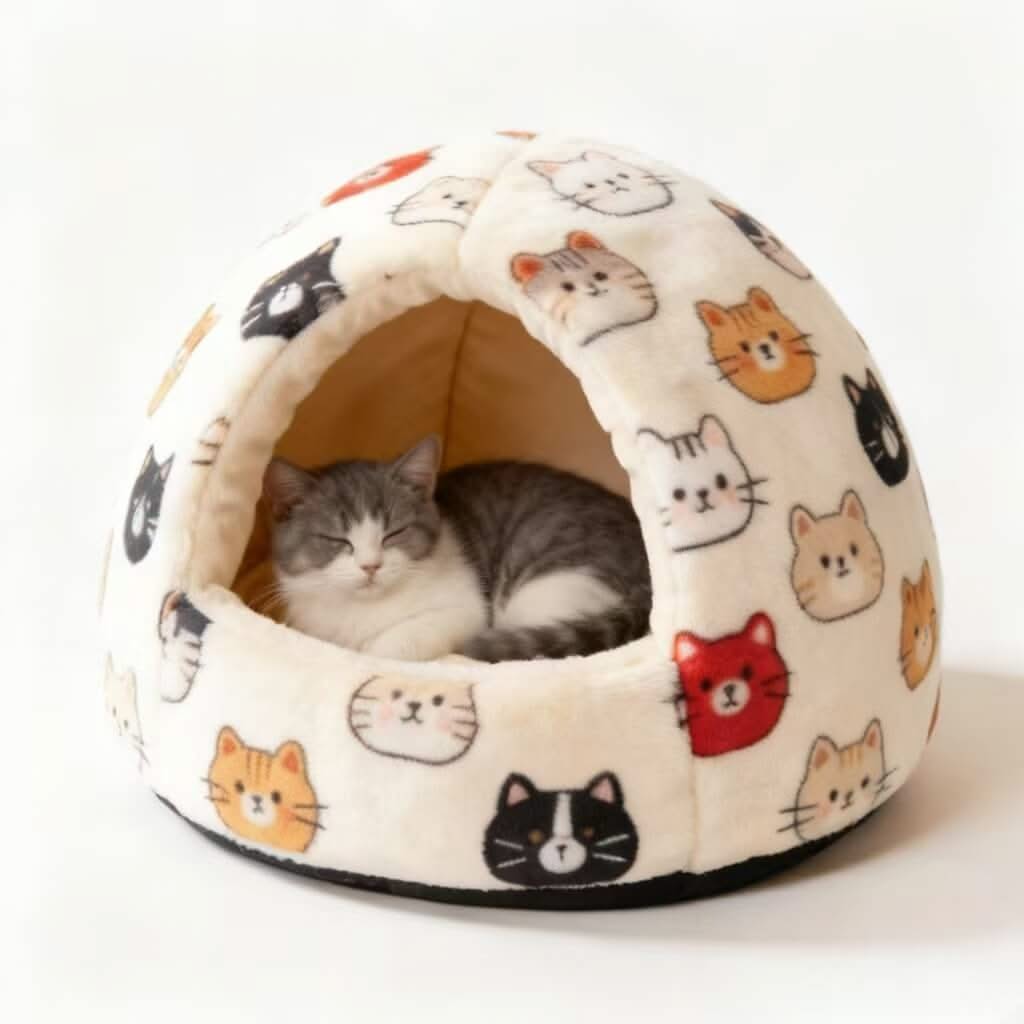 Adorable Cat-Print Pet Cave Bed for Cats - Plush, Cozy Hiding Spot, Multi-Cat Pattern, All-Season