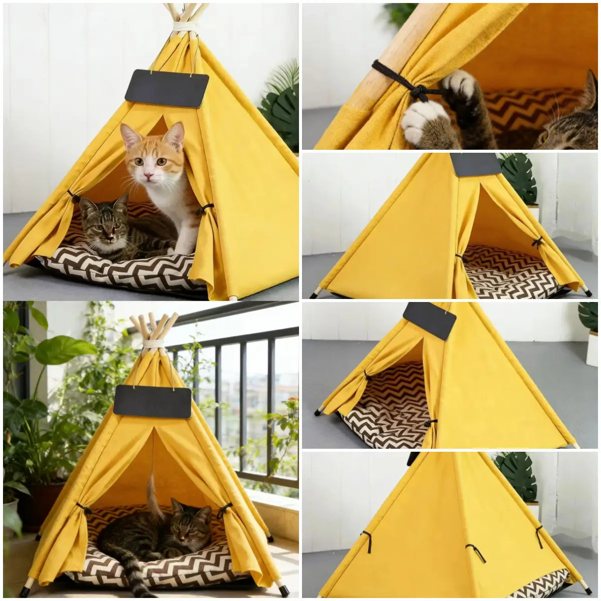 Cat Teepee Tent Bed, Yellow, Chalkboard Tag, Cushioned, Cat Sleeping Bed