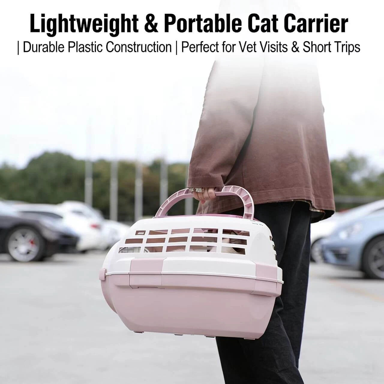 Secure Cat & Dog Carrier - Lightweight Plastic, Easy Clean, Pink
