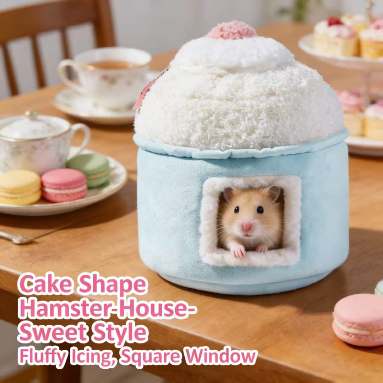 Sweet-Style Hamster House for Hamsters - Cake Shape, Light Blue, Fluffy Icing, Square Window