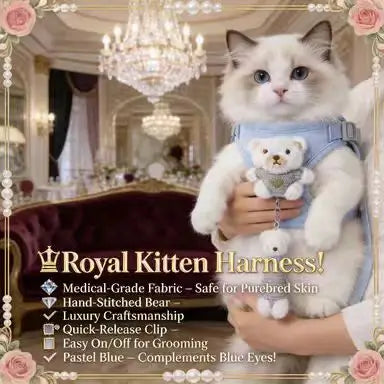 Escape-Proof Cat Harness: Adjustable Fit, Plush Bear Accent (Light Blue)
