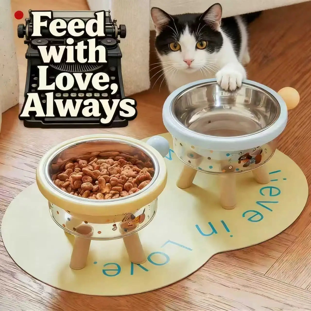 Elevated Cat Feeding Bowl: Ergonomic Design, Stainless Steel (Yellow/Blue)