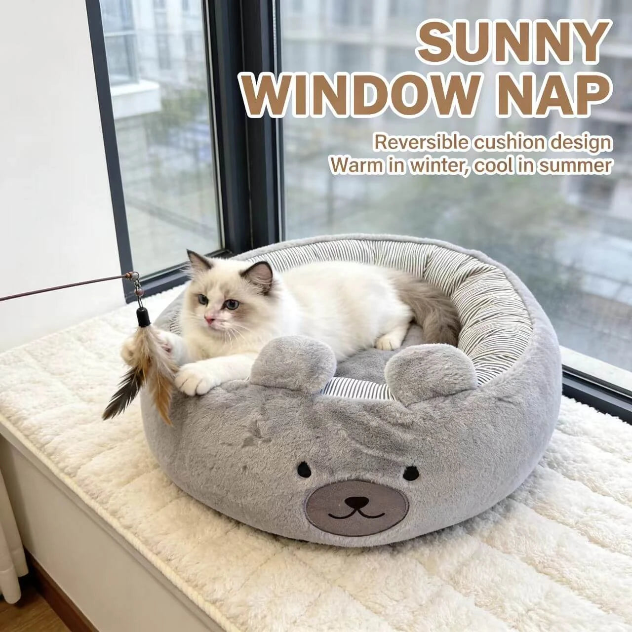 Cozy Plush Cat Bed - Bear Design, Striped Lining, Warm, Grey