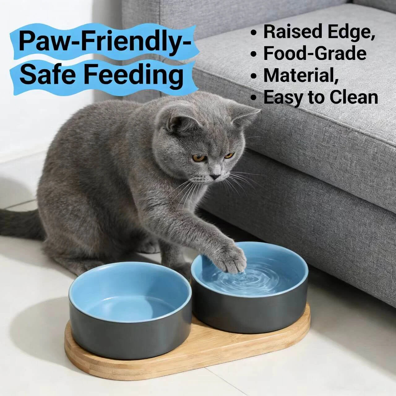 Elevated Pet Feeding Bowls - Double Ceramic Bowls, Bamboo Base, Blue & Gray