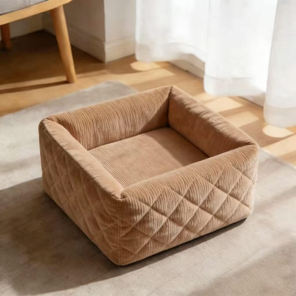 Cozy Pet Bed for Cats - Beige, Square, Corduroy Fabric, Quilted Design