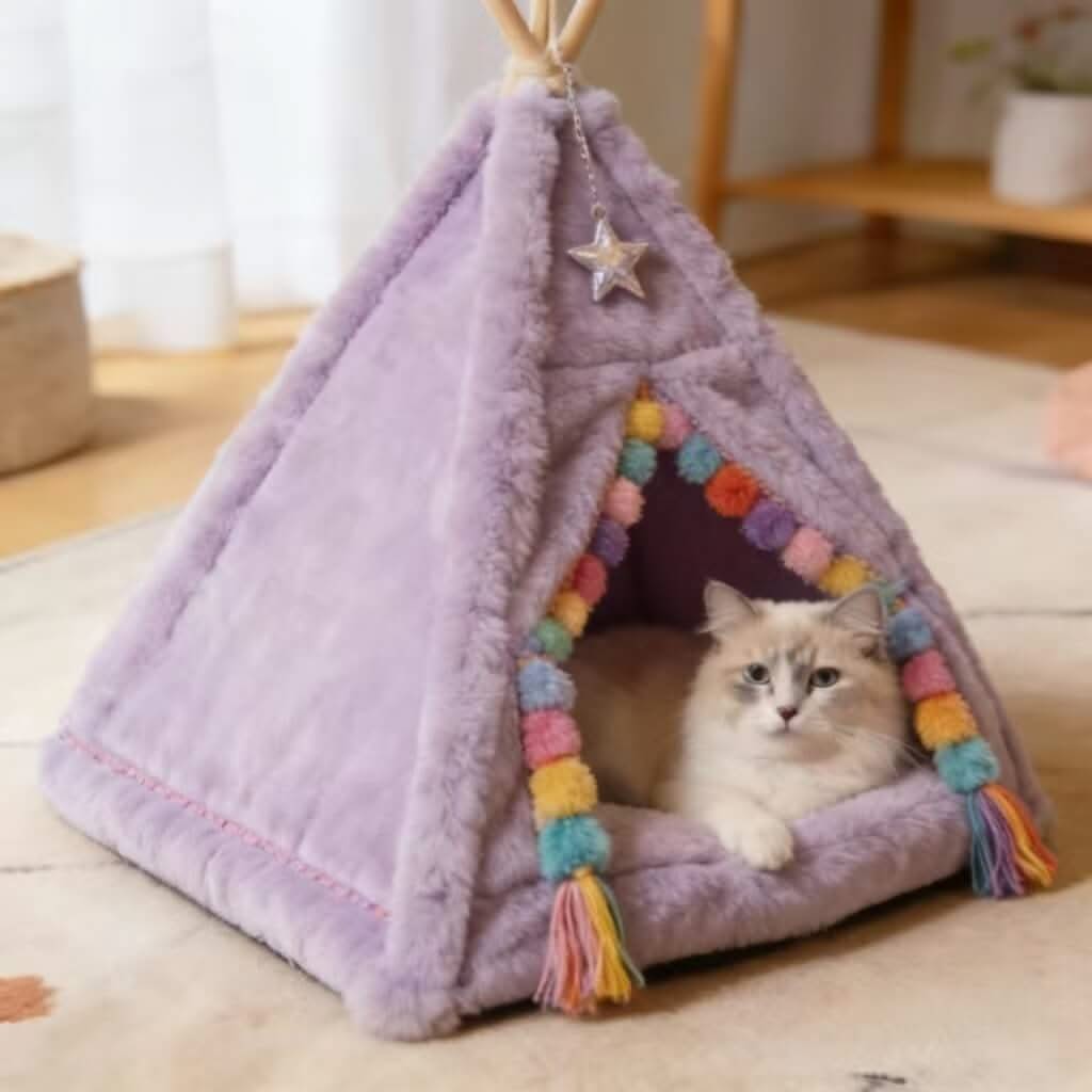Pastel Pet Teepee Bed for Cats - Star Decor, Pom-Pom Trim, Plush, Purple, Cozy Hiding Spot, All-Season