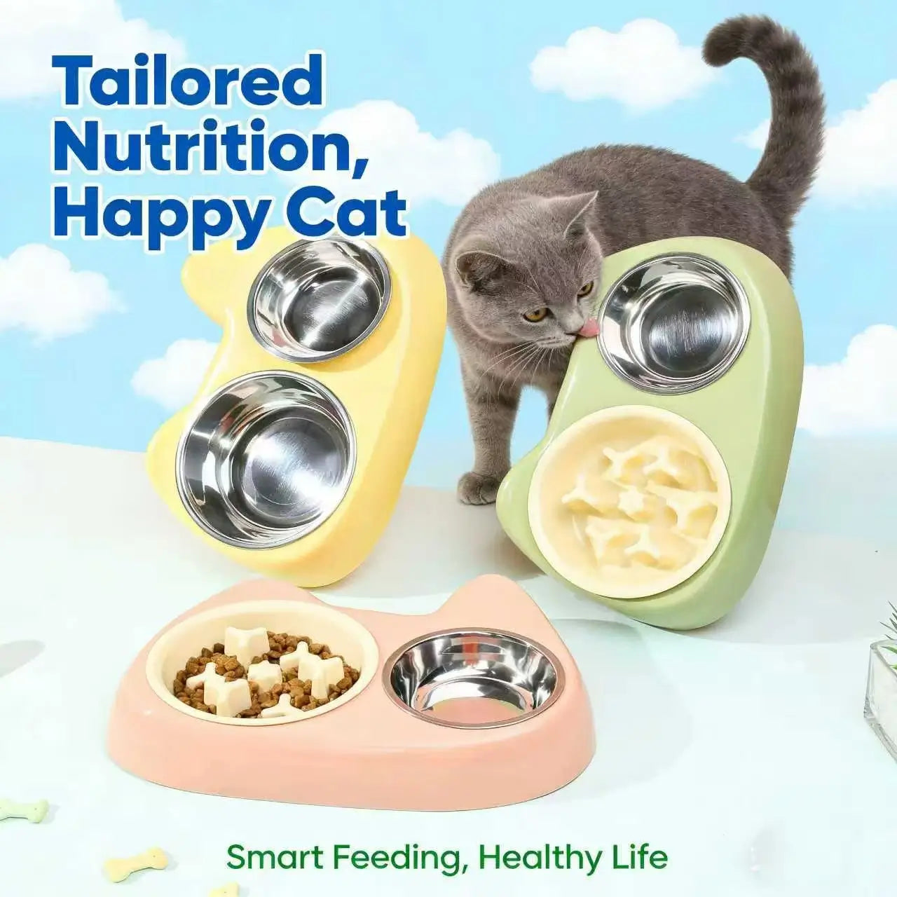2-in-1 Cat Feeding Bowls: Slow-Feeding Design, Stainless Steel (Multi-Color)