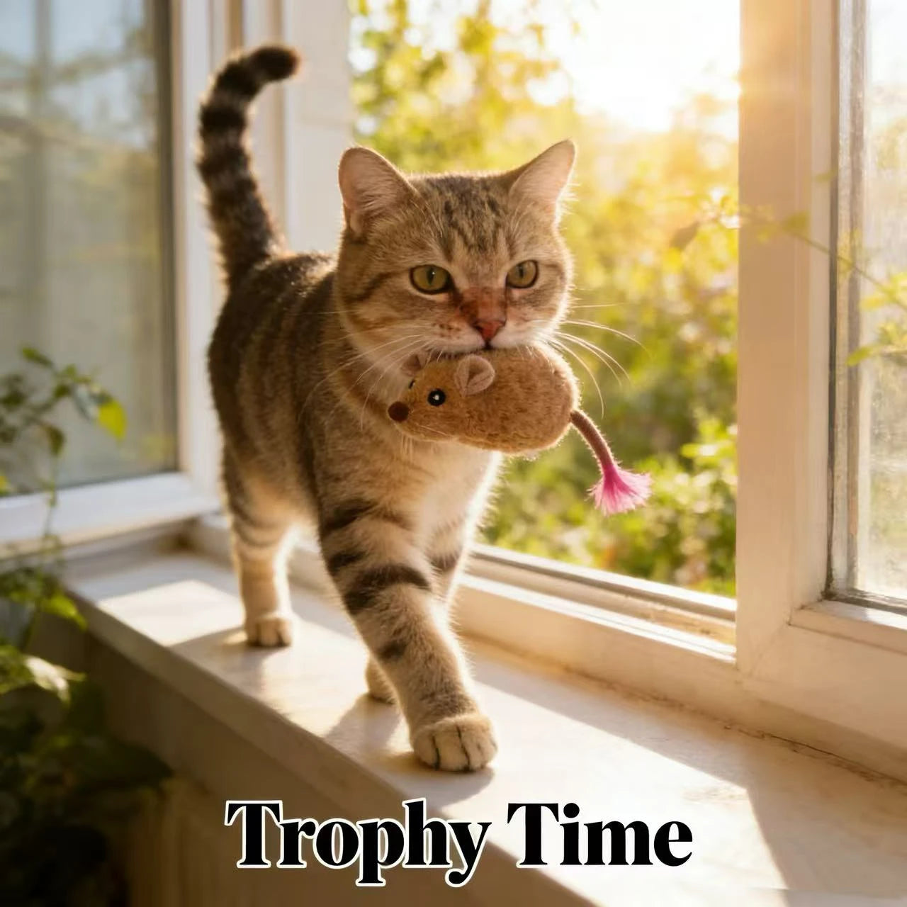 Interactive Play Cat Toy for Cats - Realistic Mouse Shape Plush Brown Pink Fluffy Tail