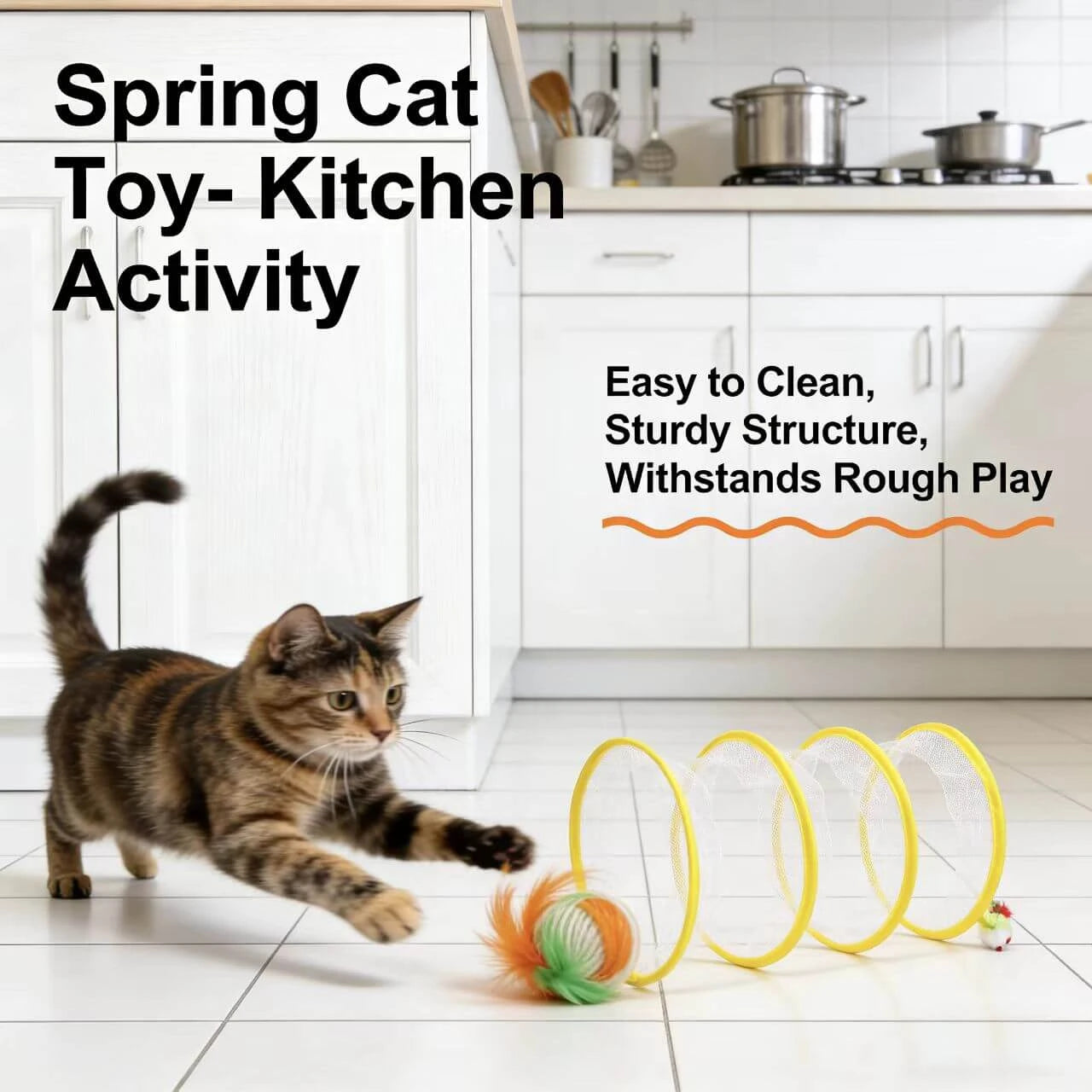 Interactive Cat Play Tunnel - Flexible Spring, Feather Toys, Yellow & Transparent