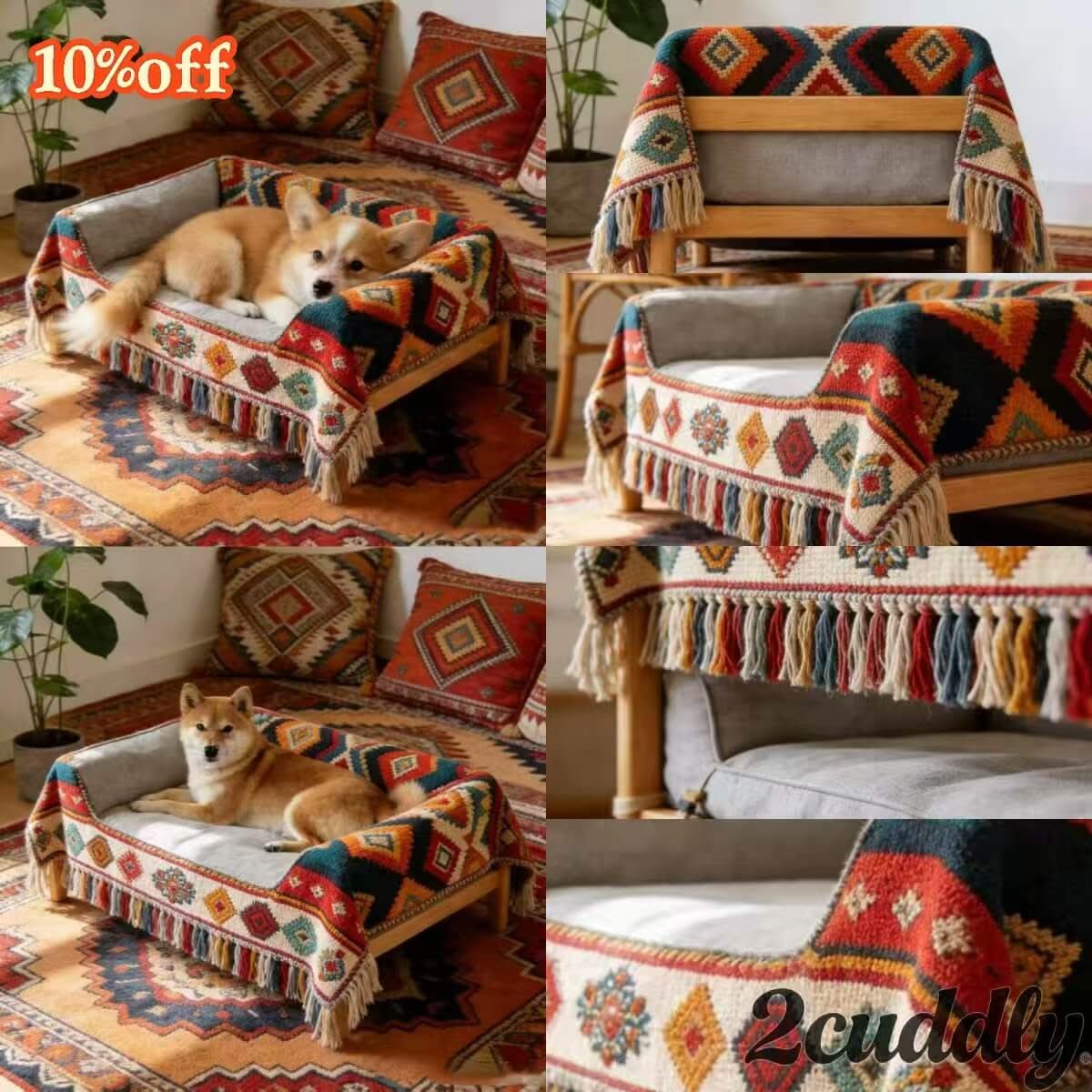 Ethnic Tapestry Elevated Dog Bed , Handwoven Fabric & Solid Wood Frame for Small-Medium Dogs